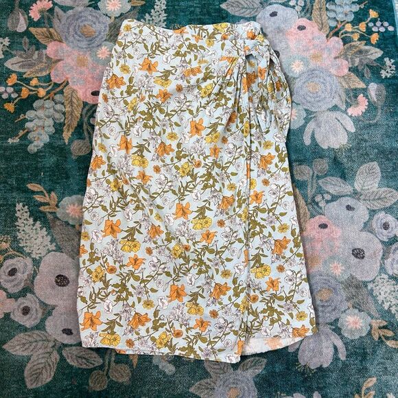 Cynthia Rowley Midi Skirt Linen Wrap Small Light Blue Floral Summer Leaves Long - Picture 11 of 12